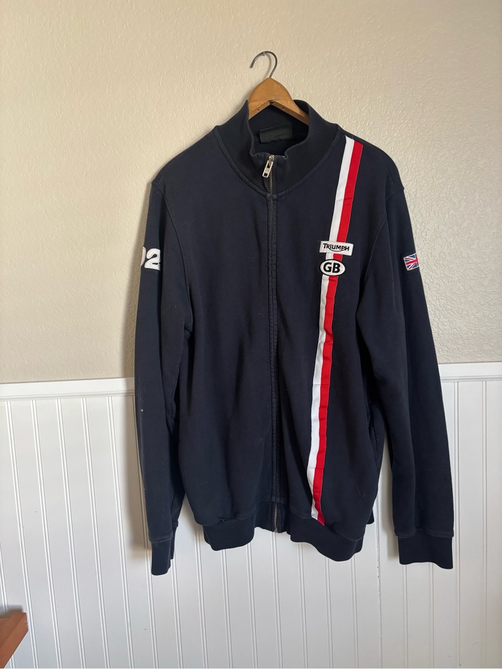 Triumph Men’s Navy Zip-Up Sweater with Red & White Racing Stripe